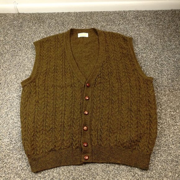 VTG United Colors of Benetton Vest Sweater Cable Knit Cardigan Wool Mens Large